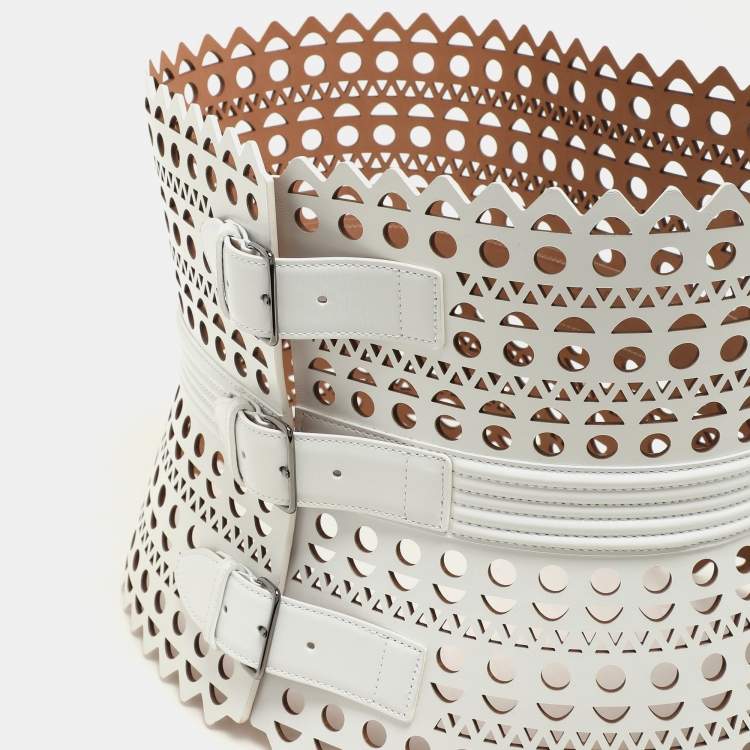 Pre Owned Alaia White Leather Vienne Corset Belt 75CM