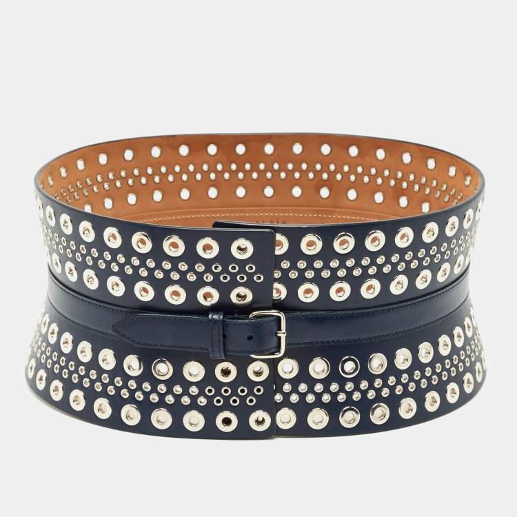 Pre Owned Alaia Navy Blue Leather Studded Corset Belt 70 CM