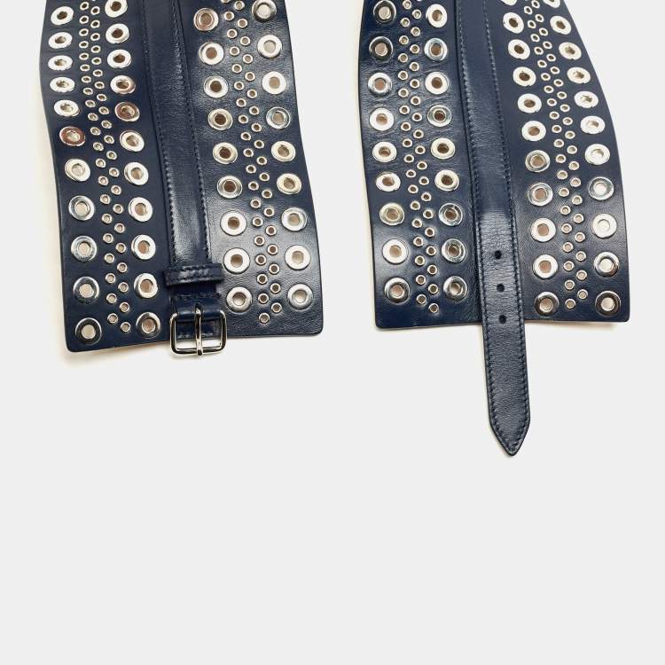 Pre Owned Alaia Navy Blue Leather Studded Corset Belt 70 CM