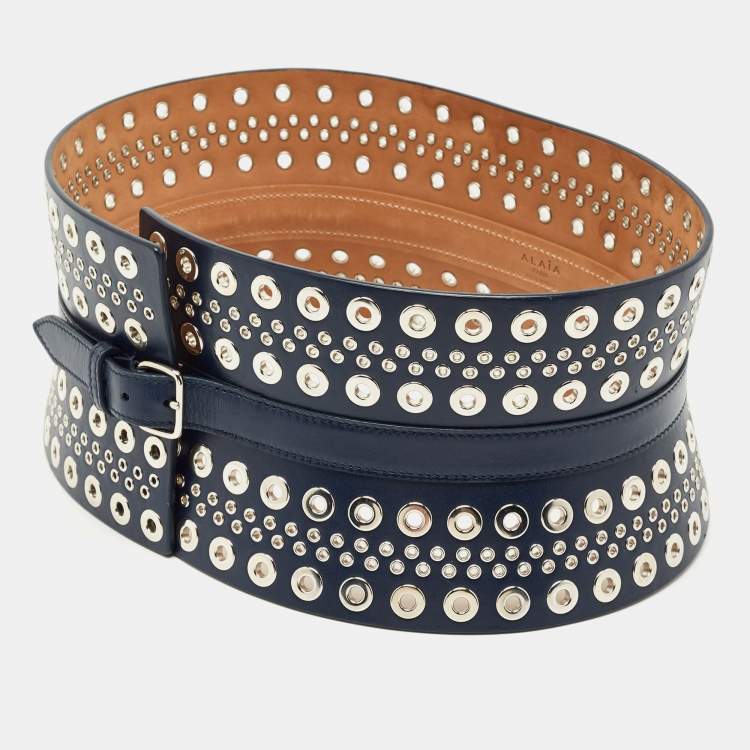 Pre Owned Alaia Navy Blue Leather Studded Corset Belt 70 CM