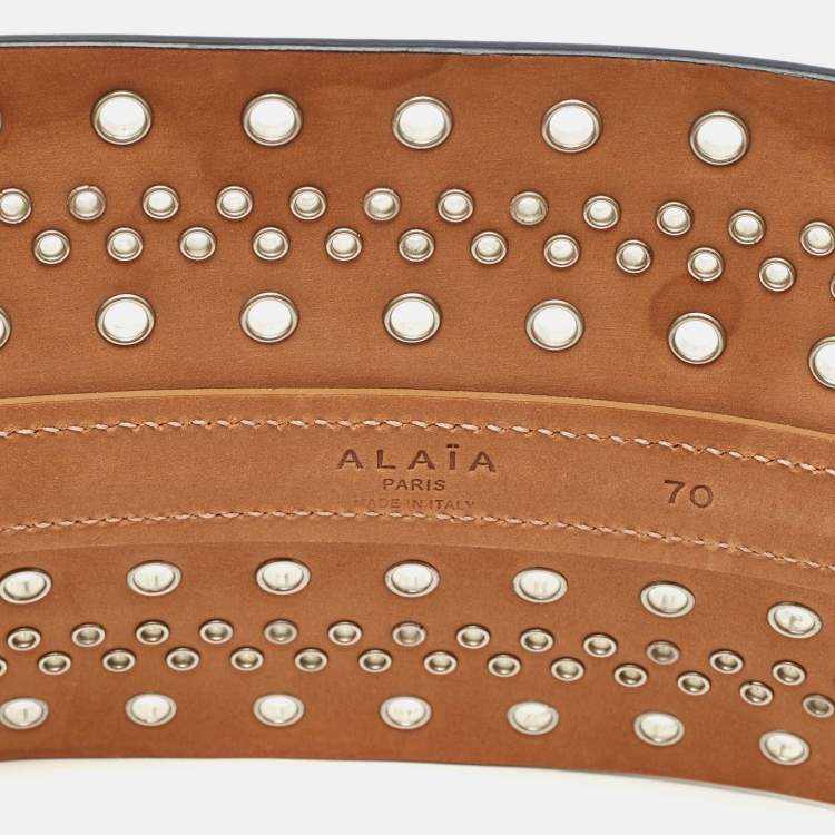 Pre Owned Alaia Navy Blue Leather Studded Corset Belt 70 CM