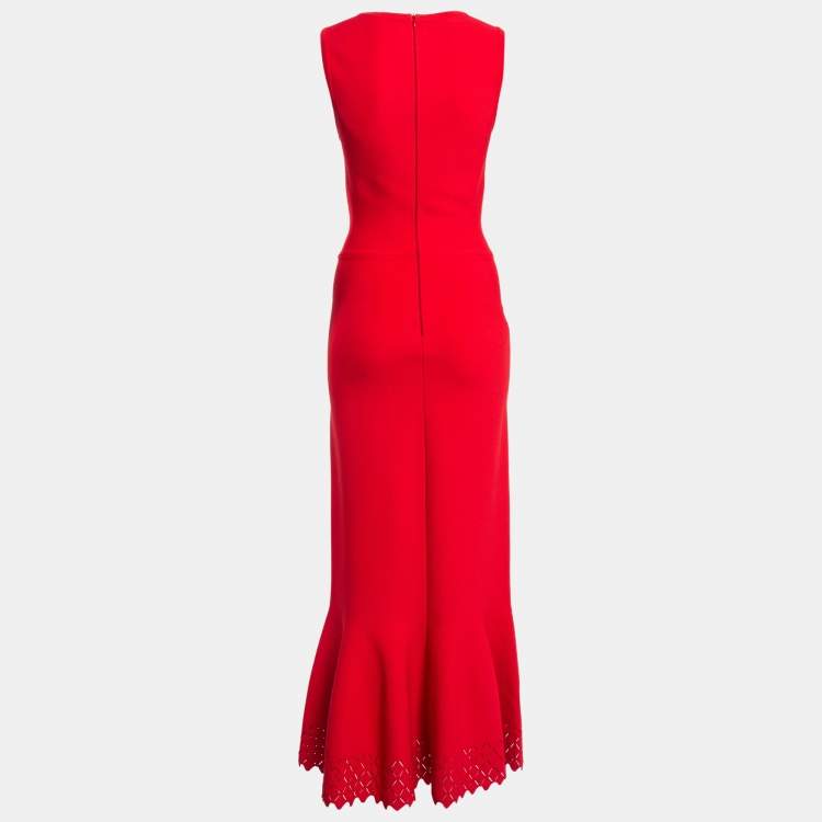 Pre Owned Alaia Red Stretch Knit Cut-Out Detail Hem Fishtail Maxi Dress M