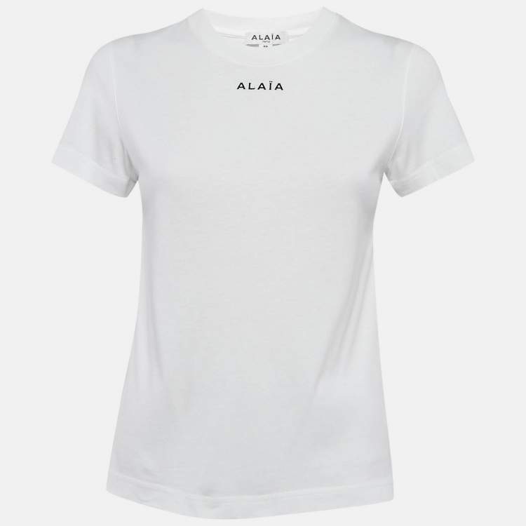 Pre Owned Alaia White Logo Embroidered Cotton T-Shirt M