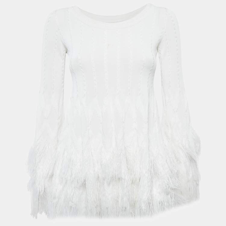 Pre Owned Alaia White Textured Knit Fray Detail Top M