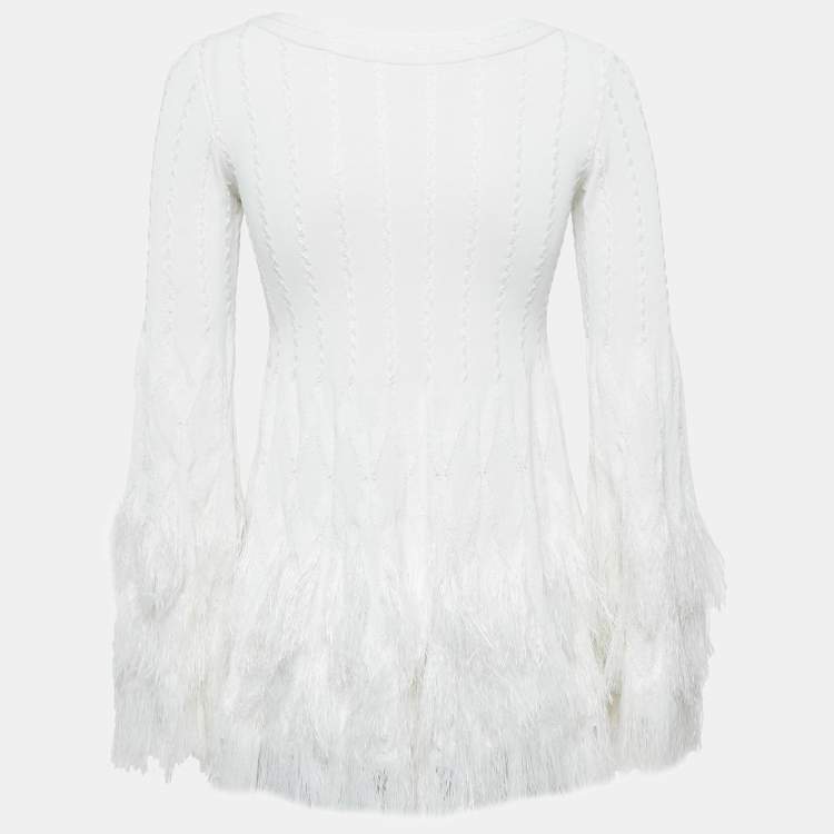 Pre Owned Alaia White Textured Knit Fray Detail Top M