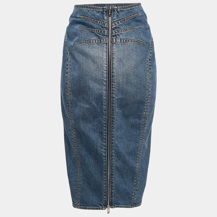 Pre Owned Alaia Blue Washed Denim Zip-Up Midi Skirt M