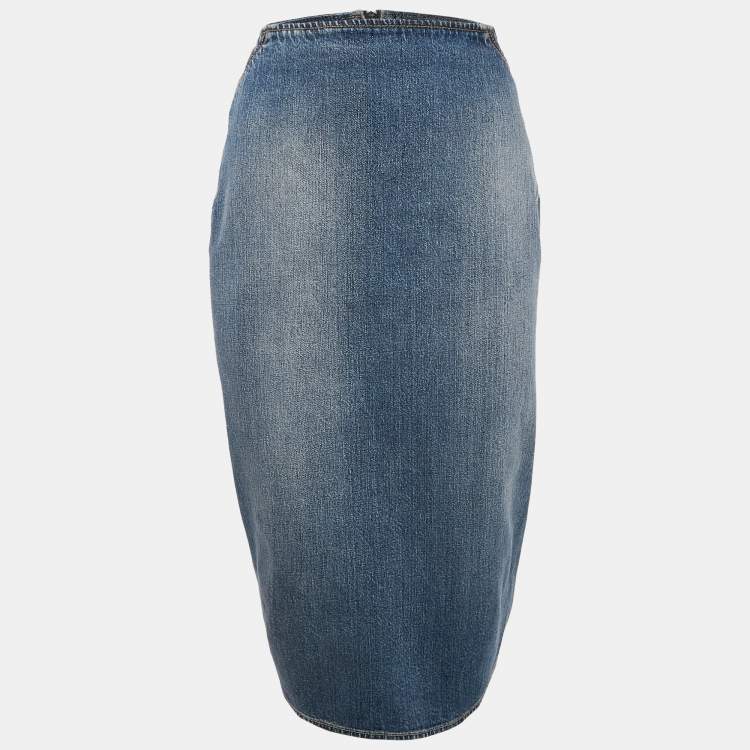 Pre Owned Alaia Blue Washed Denim Zip-Up Midi Skirt M