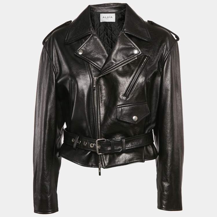 Pre Owned Alaia Black Leather Cropped Zip-Up Biker Jacket S
