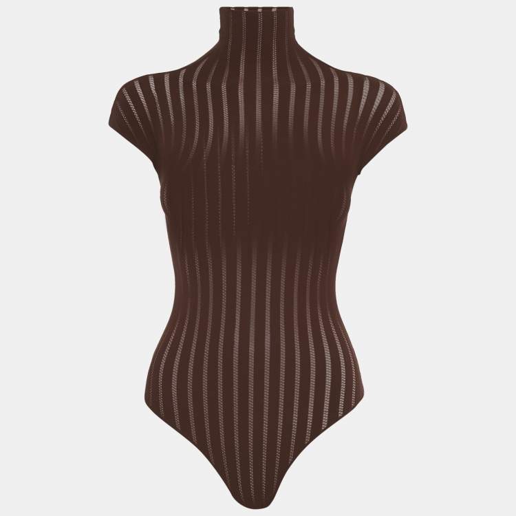 Pre Owned Alaia Brown Stripe Pattern Jersey High-Neck Bodysuit S