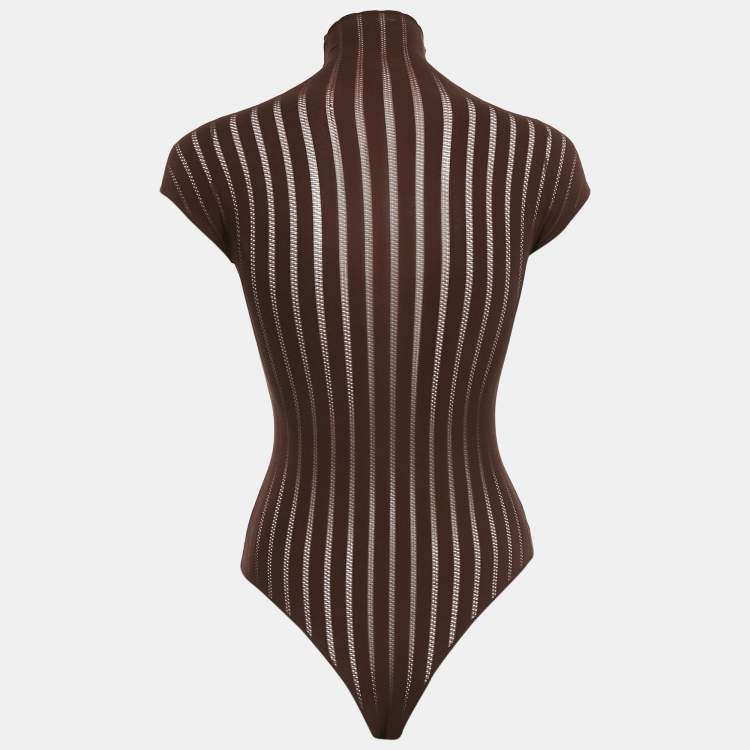 Pre Owned Alaia Brown Stripe Pattern Jersey High-Neck Bodysuit S