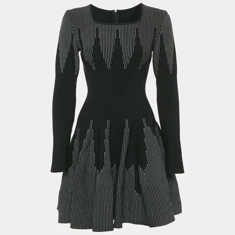 Pre Owned Alaia Black Stripe Detail Wool Blend Knit Fit and Flare Mini Dress M