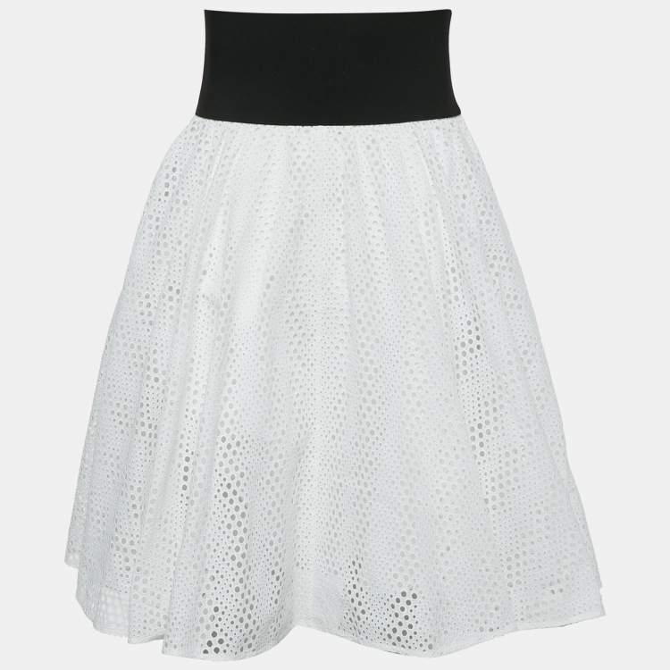 Pre Owned Alaia White Sangallo Cotton and Leather Trim Belted Skirt S