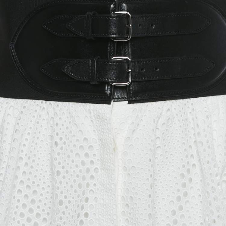 Pre Owned Alaia White Sangallo Cotton and Leather Trim Belted Skirt S