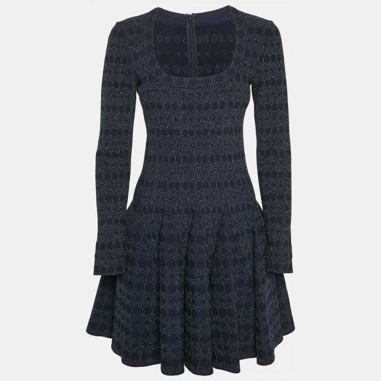 Pre Owned Alaia Navy Blue Lurex Knit Scoop Neck Flared Mini Dress M