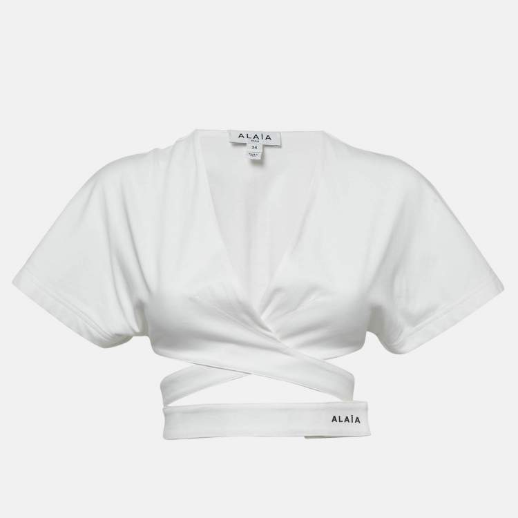 مملوكة مسبقًا Alaia White Cotton Jersey Crossover Wrap Crop Top XS