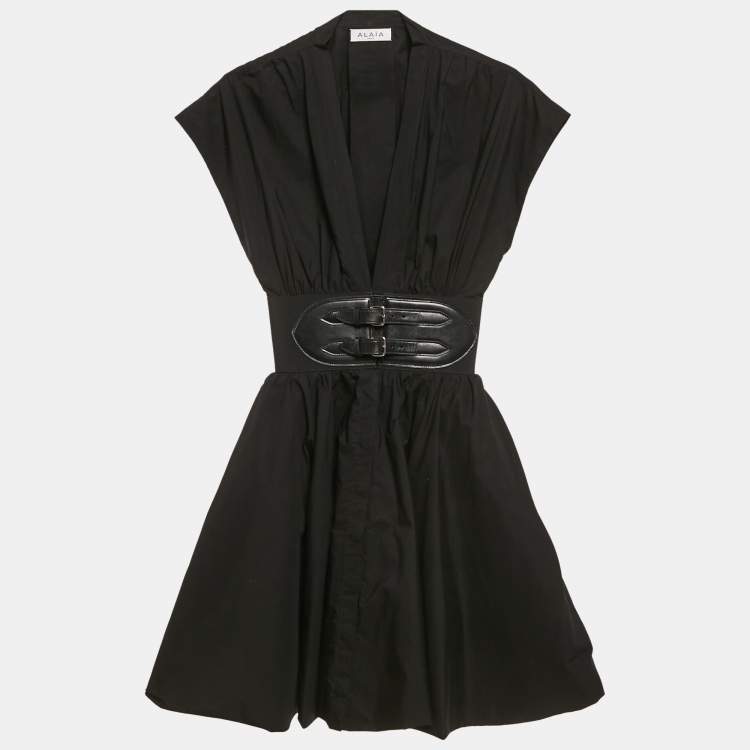 Pre Owned Alaia Black Poplin Leather Buckle Mini Japanese Dress XS