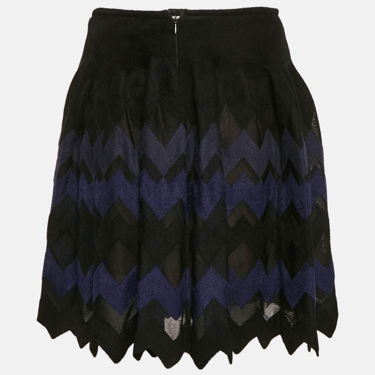 Pre Owned Alaia Black/Navy Blue Chevron Pattern Silk Blend Knit Mini Skirt M