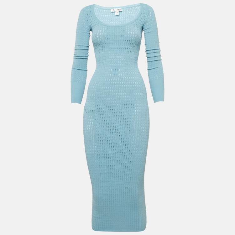Pre Owned Alaia Blue Stretch Knit Bodycon Midi Dress S