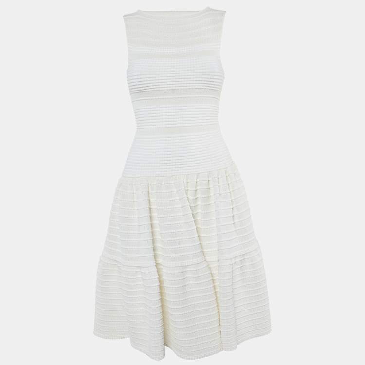 Pre Owned Alaia Ivory Ribbed Knit Fit & Flare Dress M