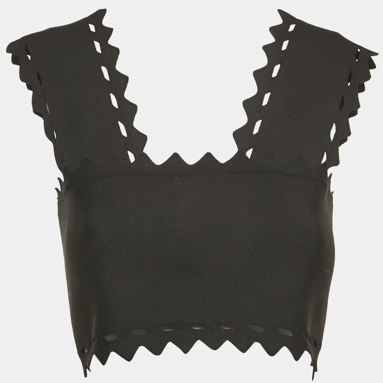 Pre Owned Alaia Black Stretch Knit Cut-Out Scallop Crop Top S
