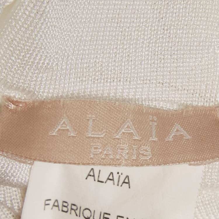 Pre Owned Alaia White Patterned Knit Sleeveless Flared Short Dress M
