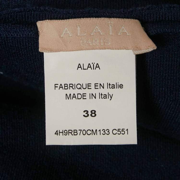 Pre Owned Alaia Blue/White Geometric Pattern Stretch Knit Mini Dress M