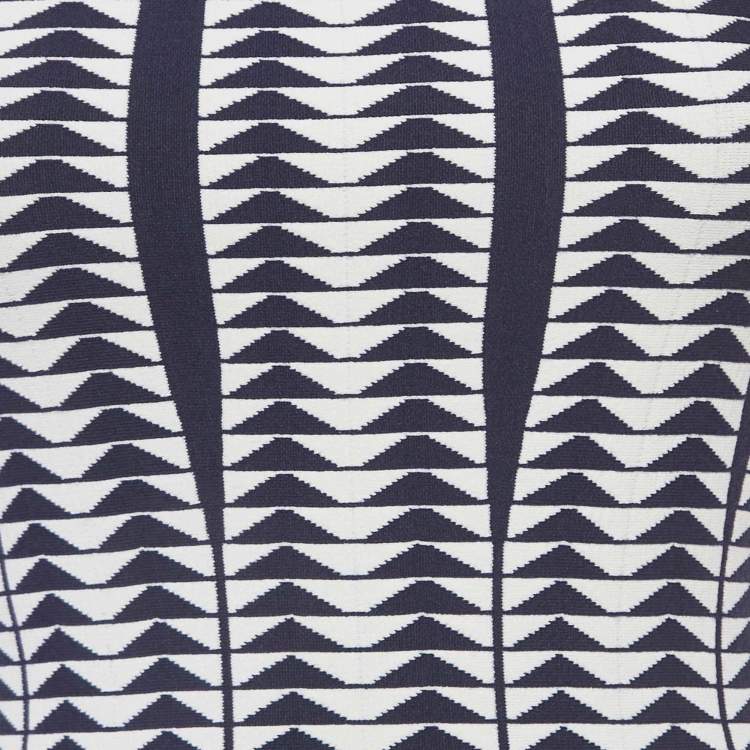 Pre Owned Alaia Blue/White Geometric Pattern Stretch Knit Mini Dress M