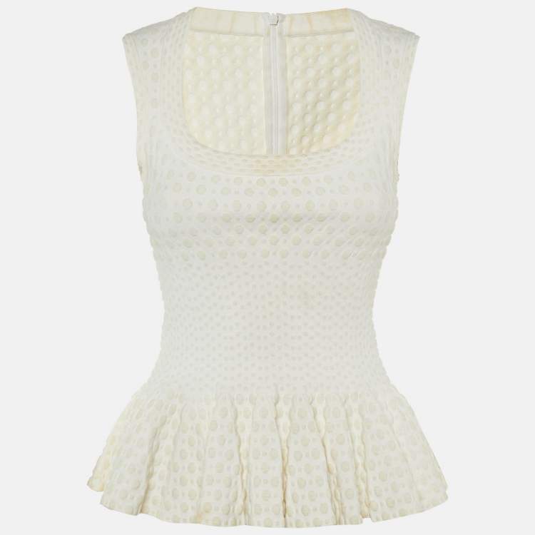 Pre Owned Alaia Ivory Dotted Jacquard Knit Peplum Top M