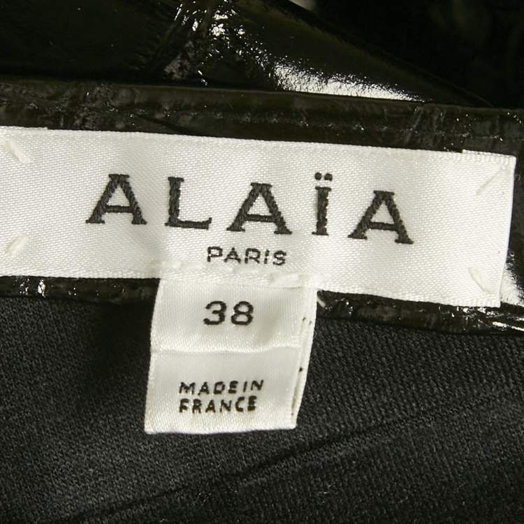 Pre Owned Alaia Black Crocodile Pattern Faux Leather Asymmetric Midi Dress M