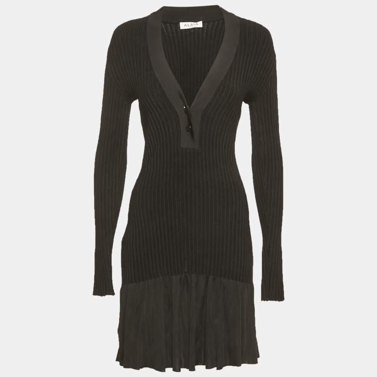 Pre Owned Alaia Black Shiny Silky Rib Knit Flared Mini Dress S