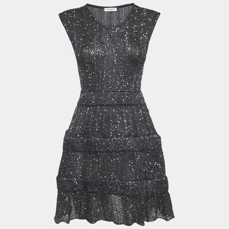 Pre Owned Alaia Navy Blue Sequins Lurex Knit Mini Dress S