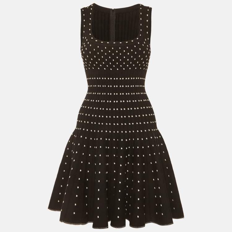 Pre Owned Alaia Black Polka Dots Rib Knit Flared Mini Dress S