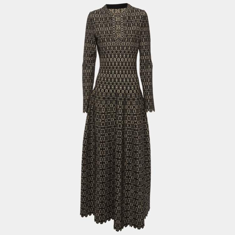 مملوكة مسبقًا Alaia Black Metallic Stretch Knit Lace Pattern Maxi Dress L