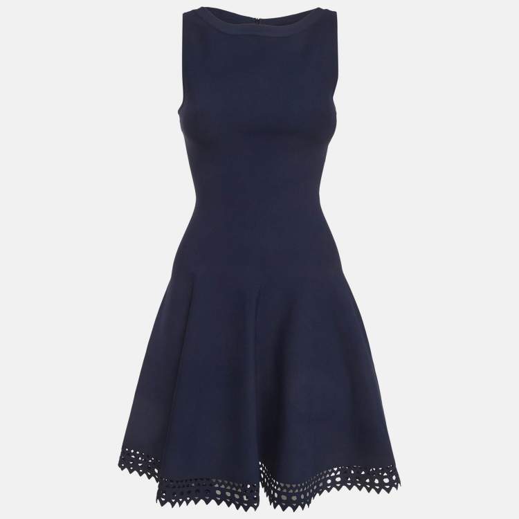 Pre Owned Alaia Blue Stretch Knit Flared Cut-Out Mini Dress S