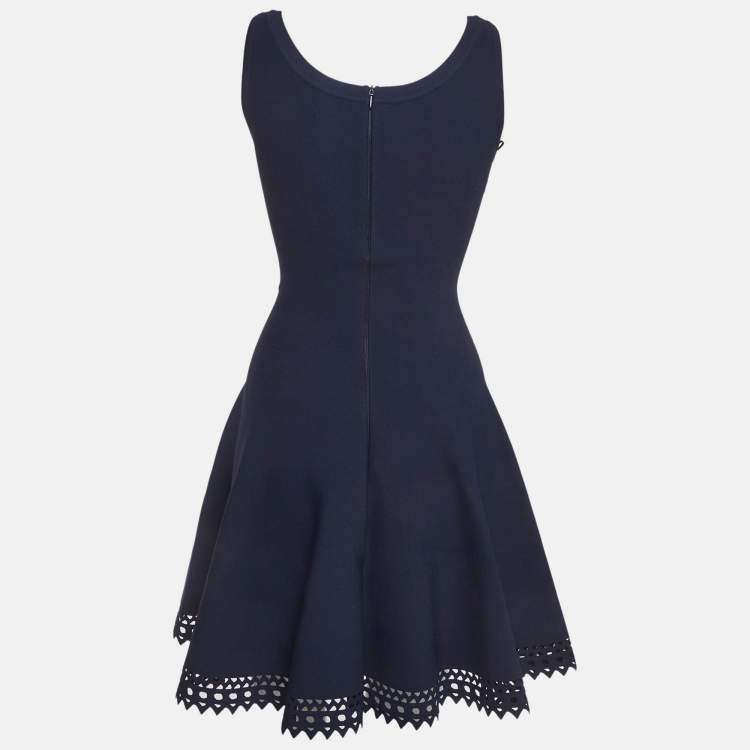 Pre Owned Alaia Blue Stretch Knit Flared Cut-Out Mini Dress S