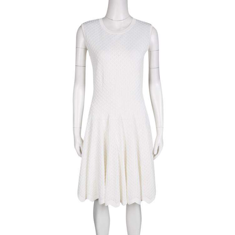 Pre Owned Alaia White Knit Embroidered Chevron Hem Fit and Flare Dress M