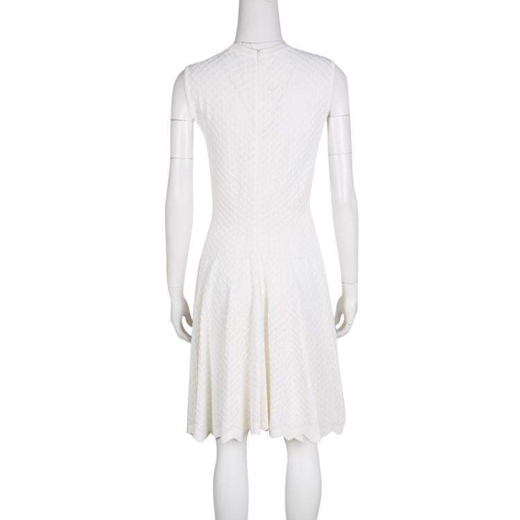 Pre Owned Alaia White Knit Embroidered Chevron Hem Fit and Flare Dress M