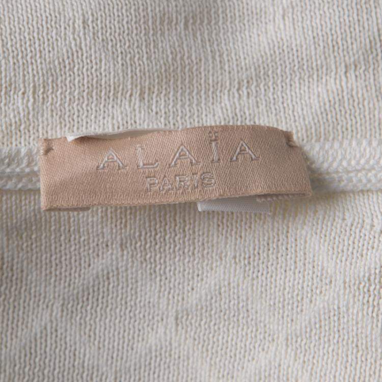 Pre Owned Alaia White Knit Embroidered Chevron Hem Fit and Flare Dress M