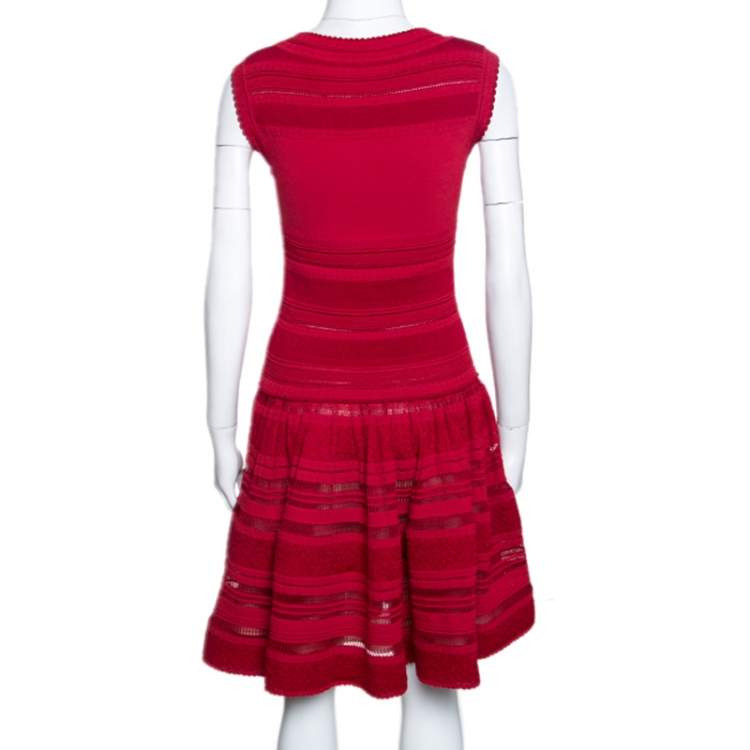 Pre Owned Alaia Dark Red Textured Pointelle Knit Fit and Flare Dress M