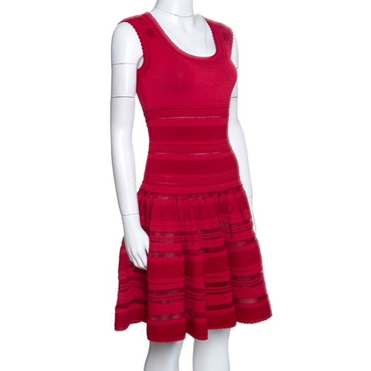 Pre Owned Alaia Dark Red Textured Pointelle Knit Fit and Flare Dress M
