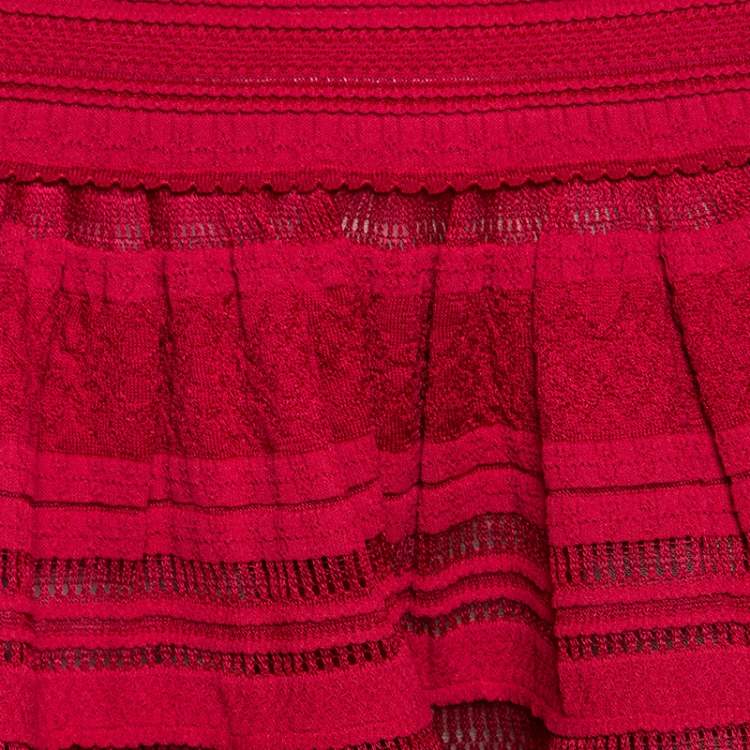 Pre Owned Alaia Dark Red Textured Pointelle Knit Fit and Flare Dress M