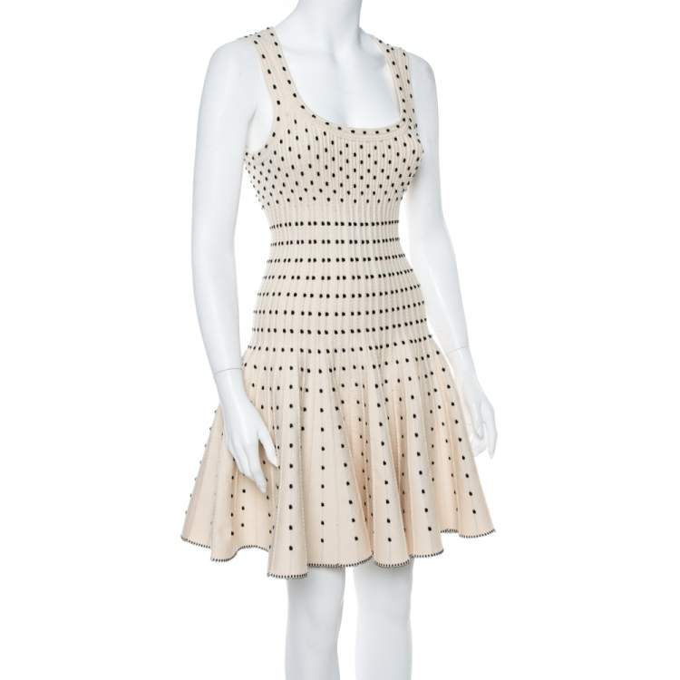 Pre Owned Alaia Monochrome Wool Dobby Dotted Sleeveless Flared Dress M
