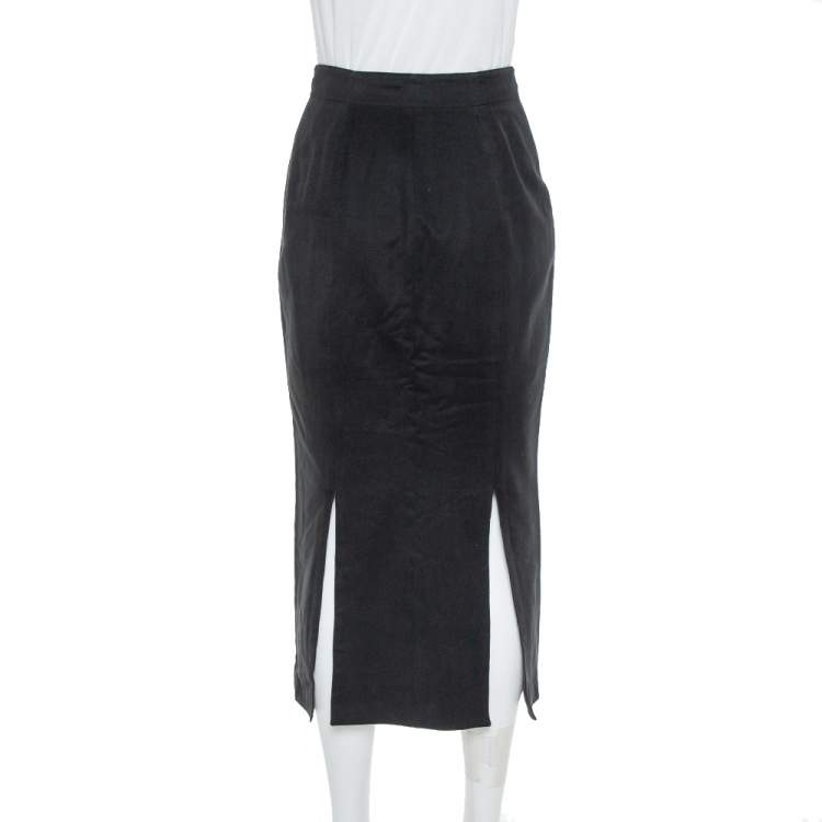 Pre Owned Alaia Vintage Black Cotton & Wool Slit Detail Midi Skirt M
