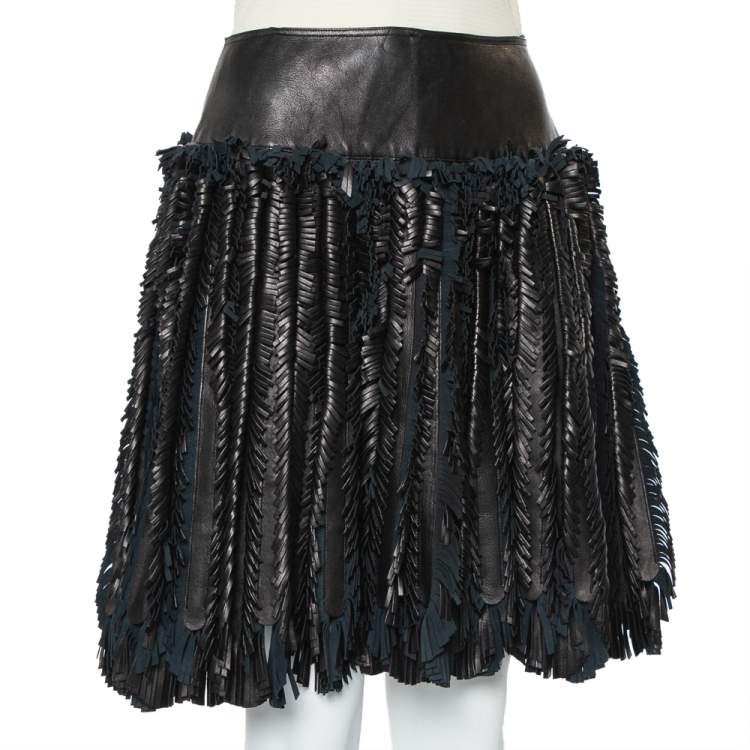 Pre Owned Alaia Black Leather Fringed Detail Mini Skirt M