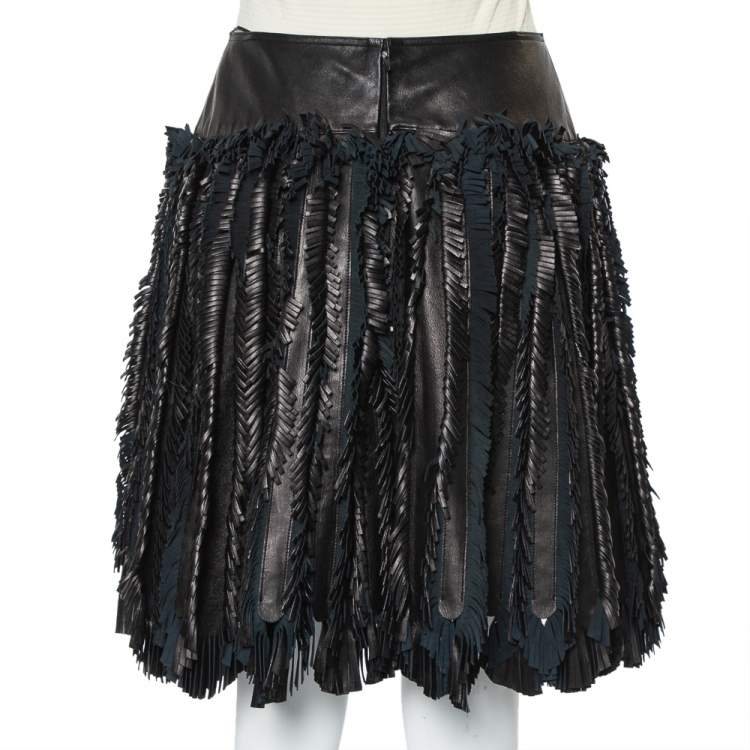 Pre Owned Alaia Black Leather Fringed Detail Mini Skirt M