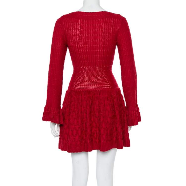 مملوكة مسبقًا Alaia Red Chenille Wool Patterned Long Sleeve Skater Dress M