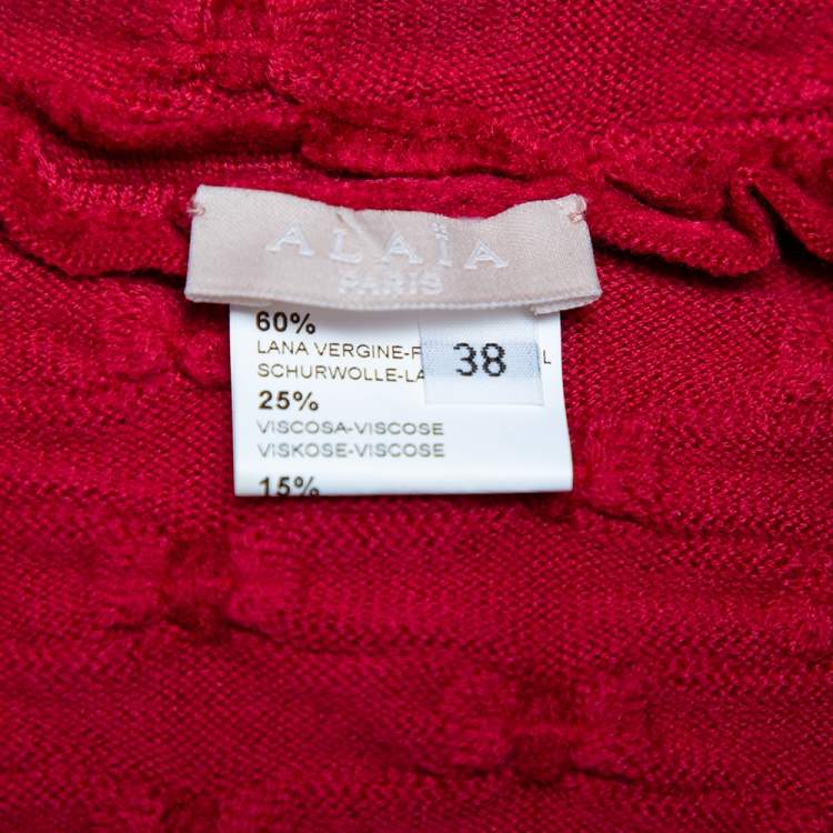 مملوكة مسبقًا Alaia Red Chenille Wool Patterned Long Sleeve Skater Dress M