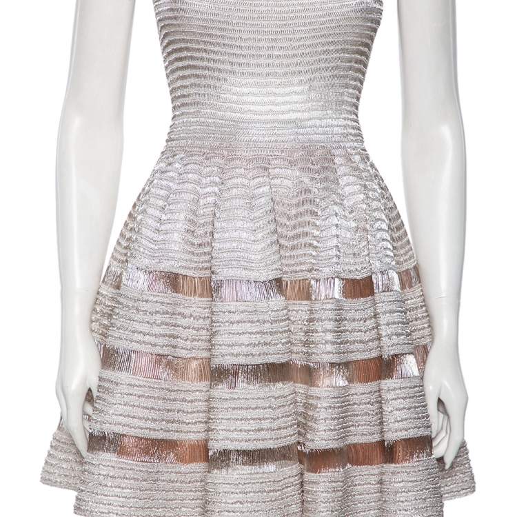 Pre Owned Alaia Silver Lurex Knit Flared Mini Dress M