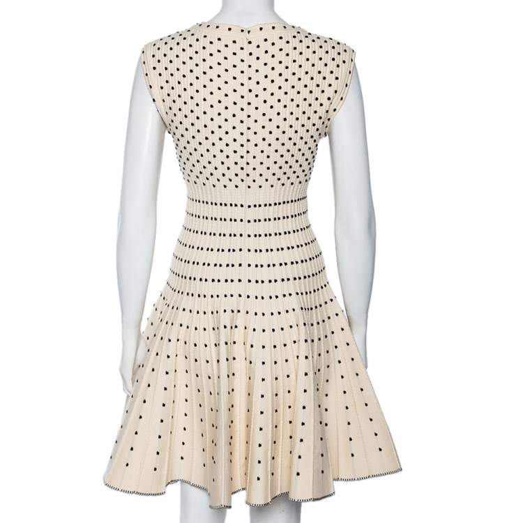 Pre Owned Alaia Monochrome Wool Dobby Dotted Sleeveless Flared Dress M