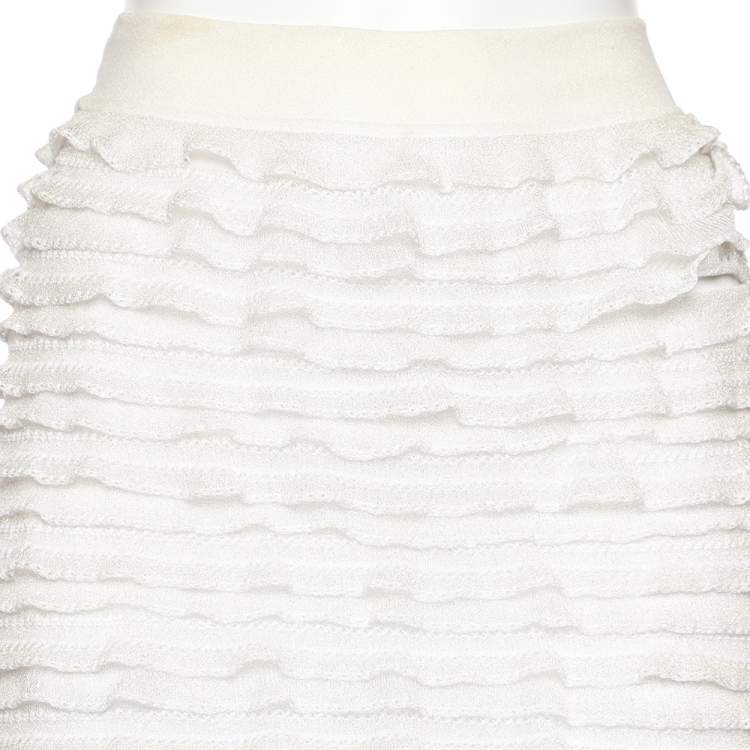 Pre Owned Alaia White Lurex Knit Ruffled Skirt XS